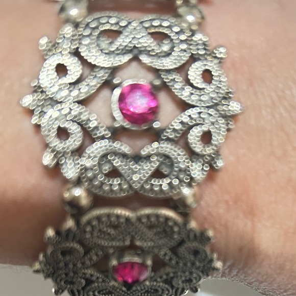 Ornate Silver Bracelet with Pink Accents - Picture 5 of 6